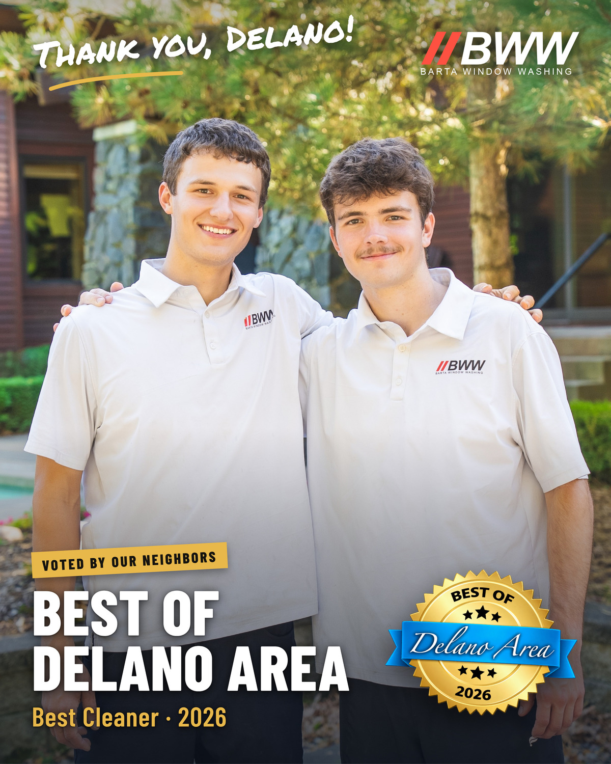Thank you, Delano! Alex and Jacob Barta in their Barta Window Washing polos, voted by our neighbors Best of Delano Area, Best Cleaner 2026