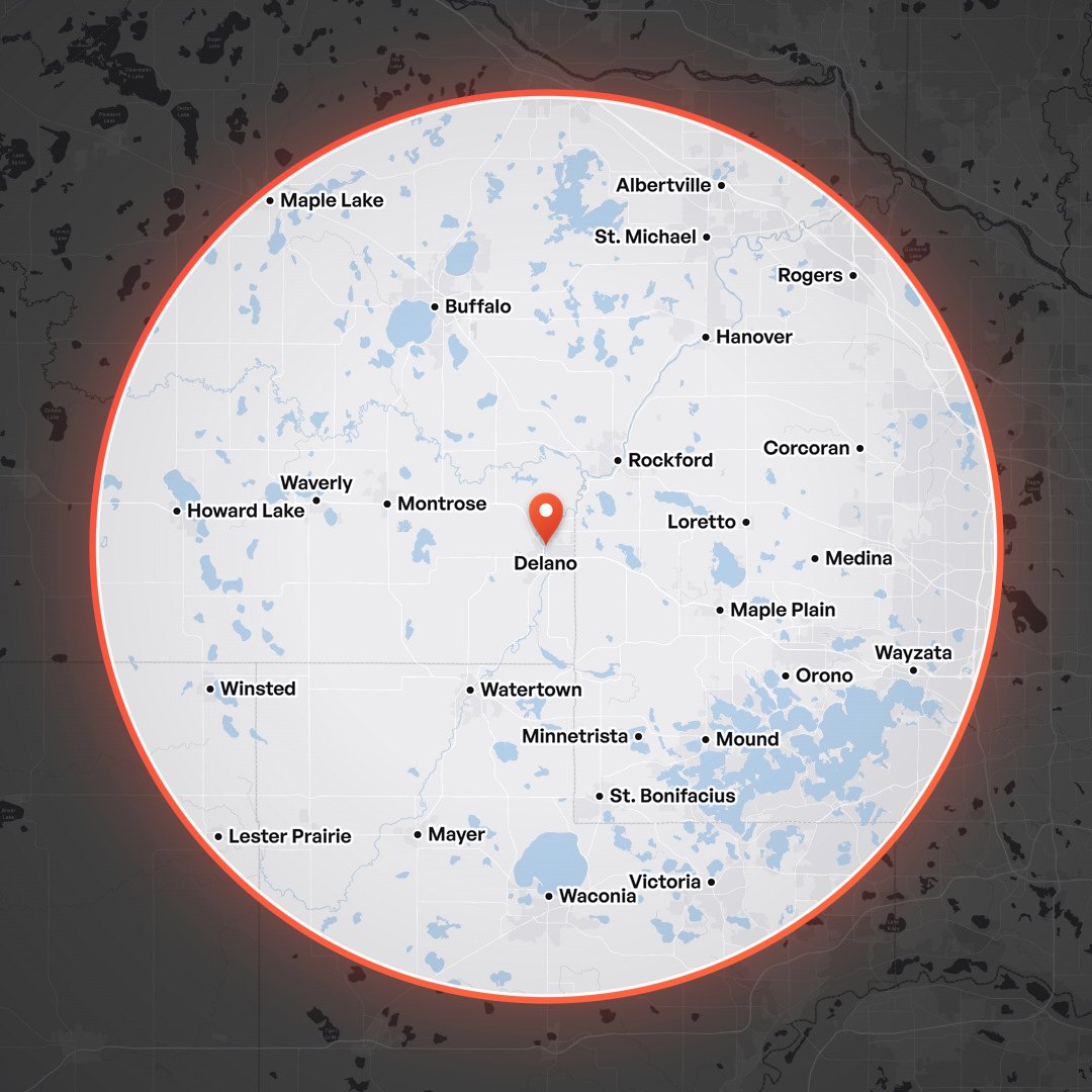 Map of the giveaway circle around Delano, covering Buffalo, Rockford, Montrose, Waverly, Howard Lake, Maple Lake, Albertville, St. Michael, Hanover, Rogers, Corcoran, Loretto, Medina, Maple Plain, Orono, Wayzata, Mound, Minnetrista, St. Bonifacius, Victoria, Waconia, Mayer, Watertown, Winsted and Lester Prairie